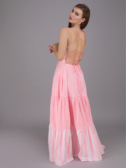 striped tier panel full dress with tie up back. made in cotton