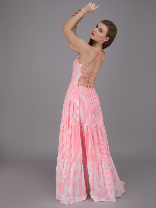 striped tier panel full dress with tie up back. made in cotton