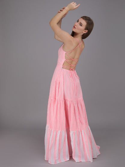 striped tier panel full dress with tie up back. made in cotton