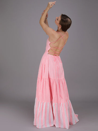 striped tier panel full dress with tie up back. made in cotton