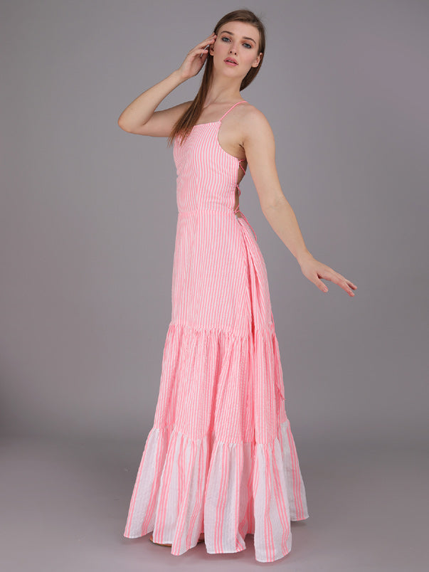 striped tier panel full dress with tie up back. made in cotton