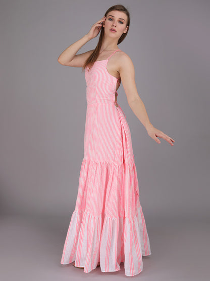 striped tier panel full dress with tie up back. made in cotton