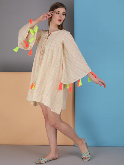 neon stripe tie up dress. made in natural fibre