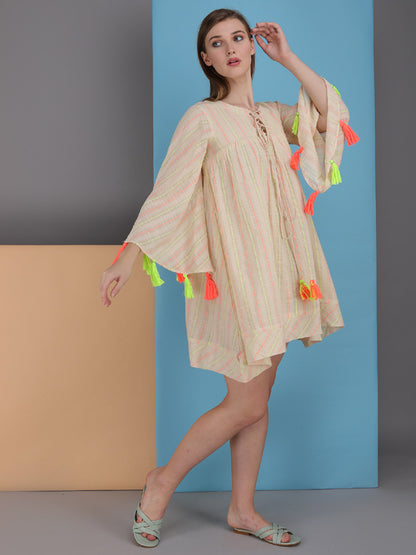 neon stripe tie up dress. made in natural fibre