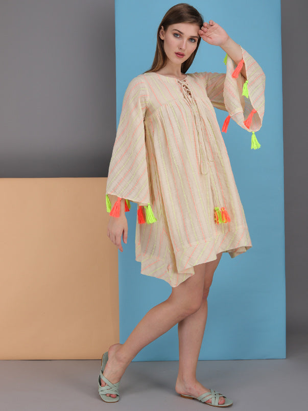 neon stripe tie up dress. made in natural fibre