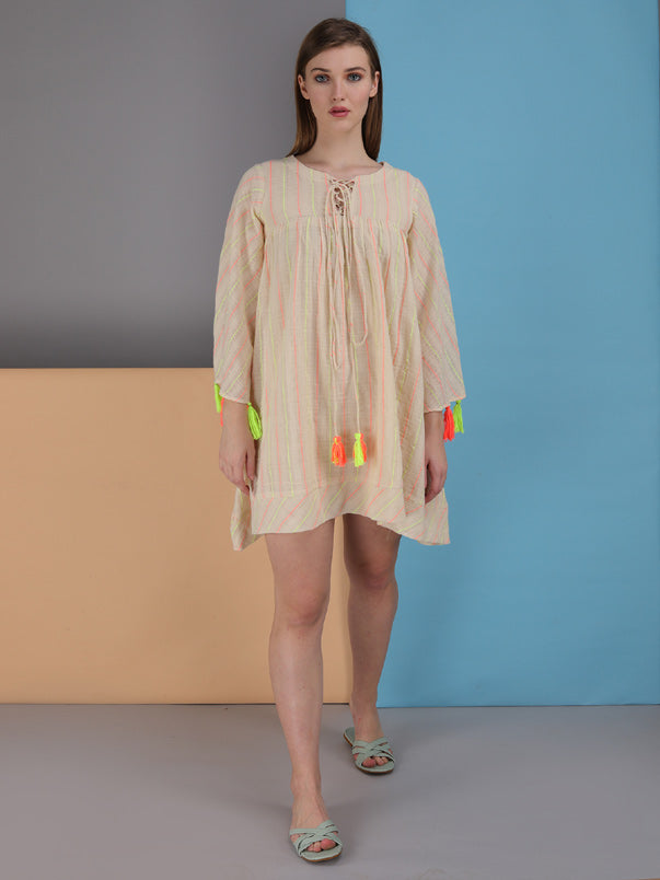 neon stripe tie up dress. made in natural fibre