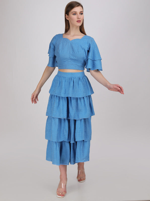 powder blue multi tier skirt with V- neck blouson. made in cotton