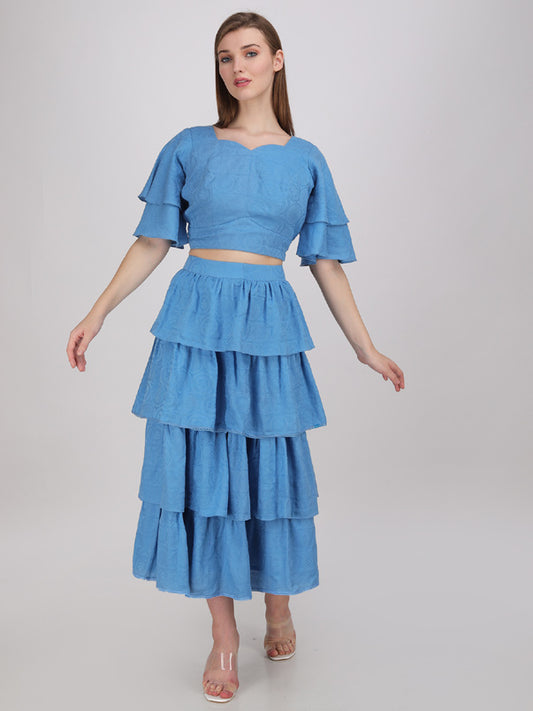 powder blue multi tier skirt with V- neck blouson. made in cotton