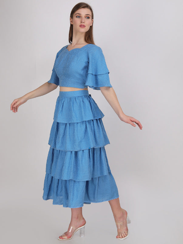 powder blue multi tier skirt with V- neck blouson. made in cotton