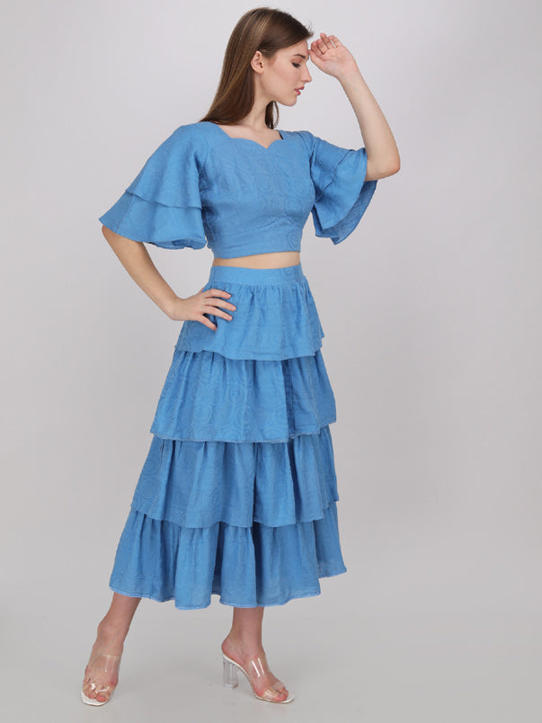 powder blue multi tier skirt with V- neck blouson. made in cotton