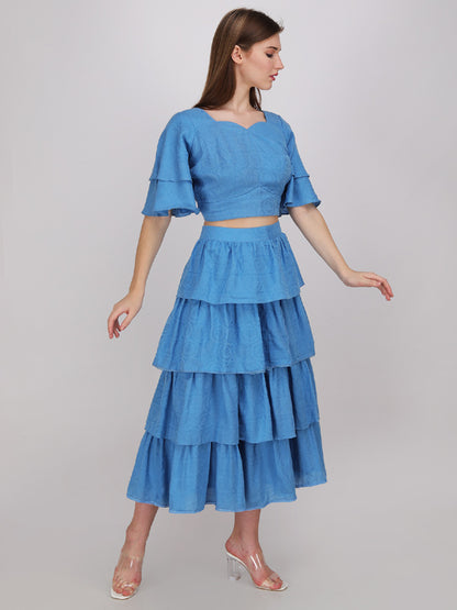 powder blue multi tier skirt with V- neck blouson. made in cotton