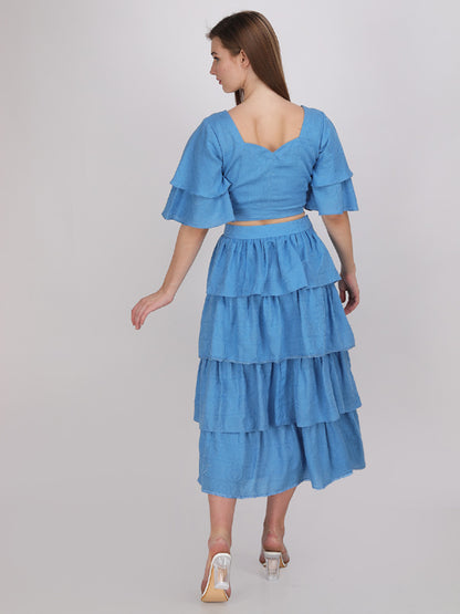 powder blue multi tier skirt with V- neck blouson. made in cotton
