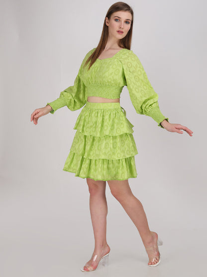 neon green crop top with tier panel short skirt