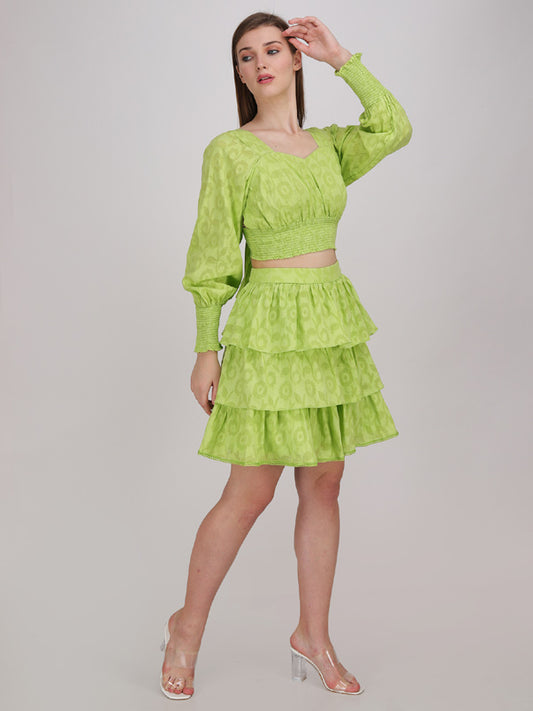 neon green crop top with tier panel short skirt