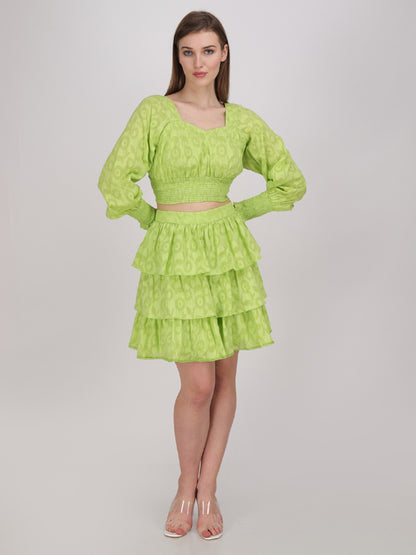 neon green crop top with tier panel short skirt