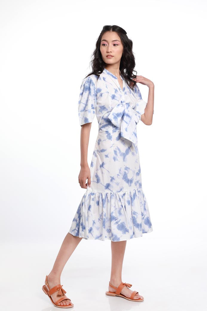 TIE & DYE PUSSY BOW TIER PANEL DRESS