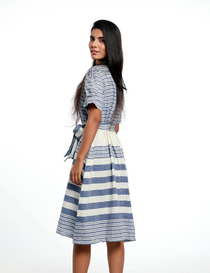 STRIPE BUTTON DOWN V-NECK DRESS. MADE IN SOFT ORGANIC COTTON