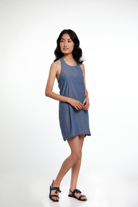HALTER NECK, COTTON CHAMBRAY SLIP DRESS