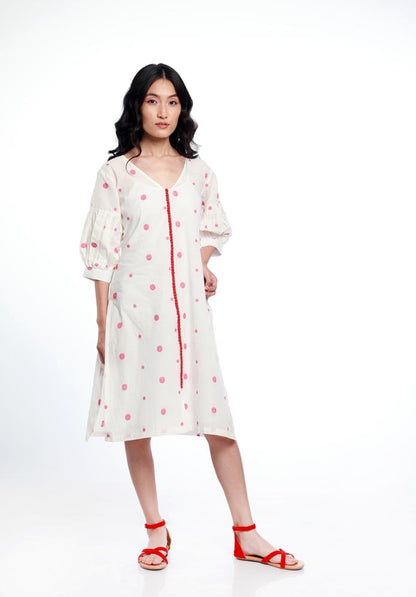 POLKA DOT HAND WOVEN COTTON, PUFFER SLEEVES DRESS