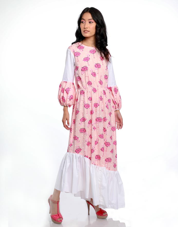 FLAMINGO PRINT TIER WHITE PANEL DRESS