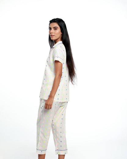 COLLAR BUTTON DOWN NEON POLKA NIGHT SUIT MADE IN COTTON