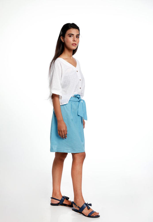 ELASTICATED WAIST POWDER BLUE LINEN SKIRT