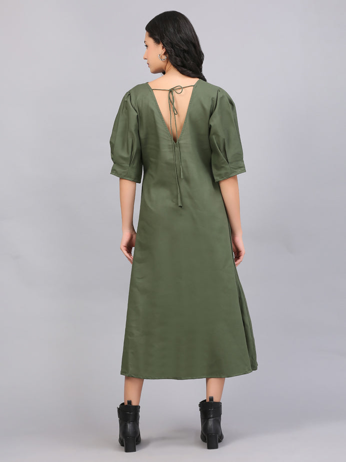 OLIVE GREEN BOX PLEAT DRESS