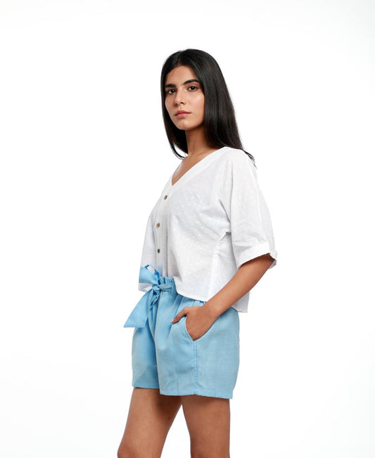 V NECK TEXTURED COTTON TOP WITH ELASTICATED SHORTS