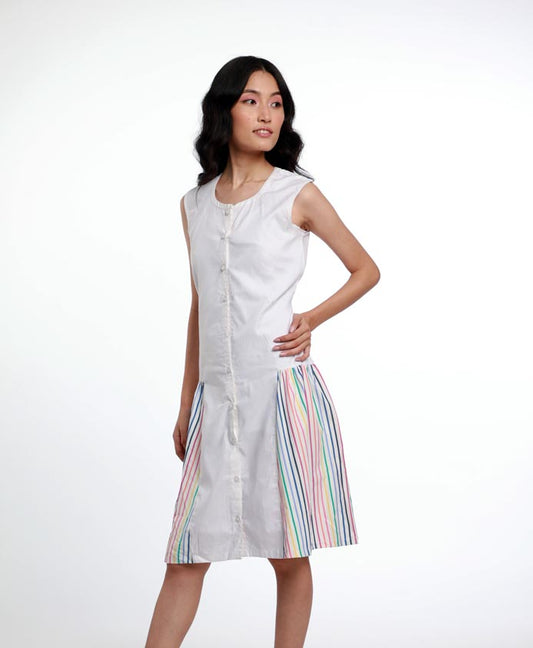 SLEEVELESS BUTTON DOWN COTTON DRESS WITH STRIPE PANEL