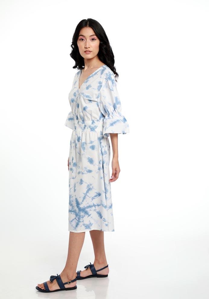 TIE & DYE BUTTON DOWN DRESS WITH ELASTICATED BELL SLEEVES