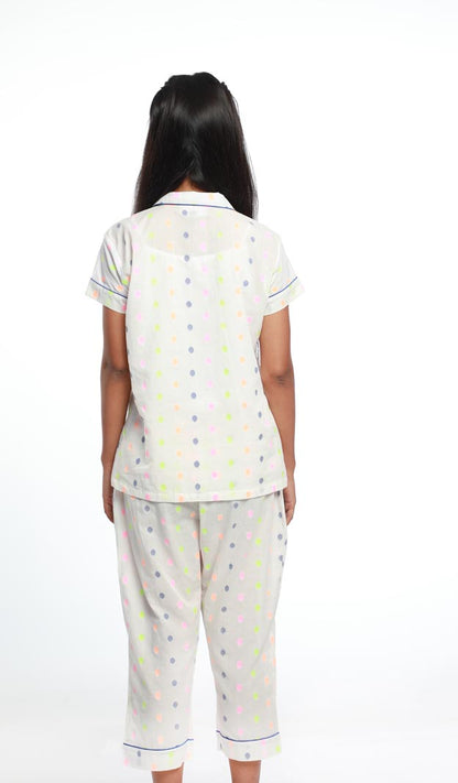 COLLAR BUTTON DOWN NEON POLKA NIGHT SUIT MADE IN COTTON