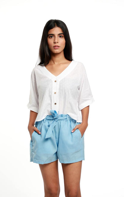 V NECK TEXTURED COTTON TOP WITH ELASTICATED SHORTS