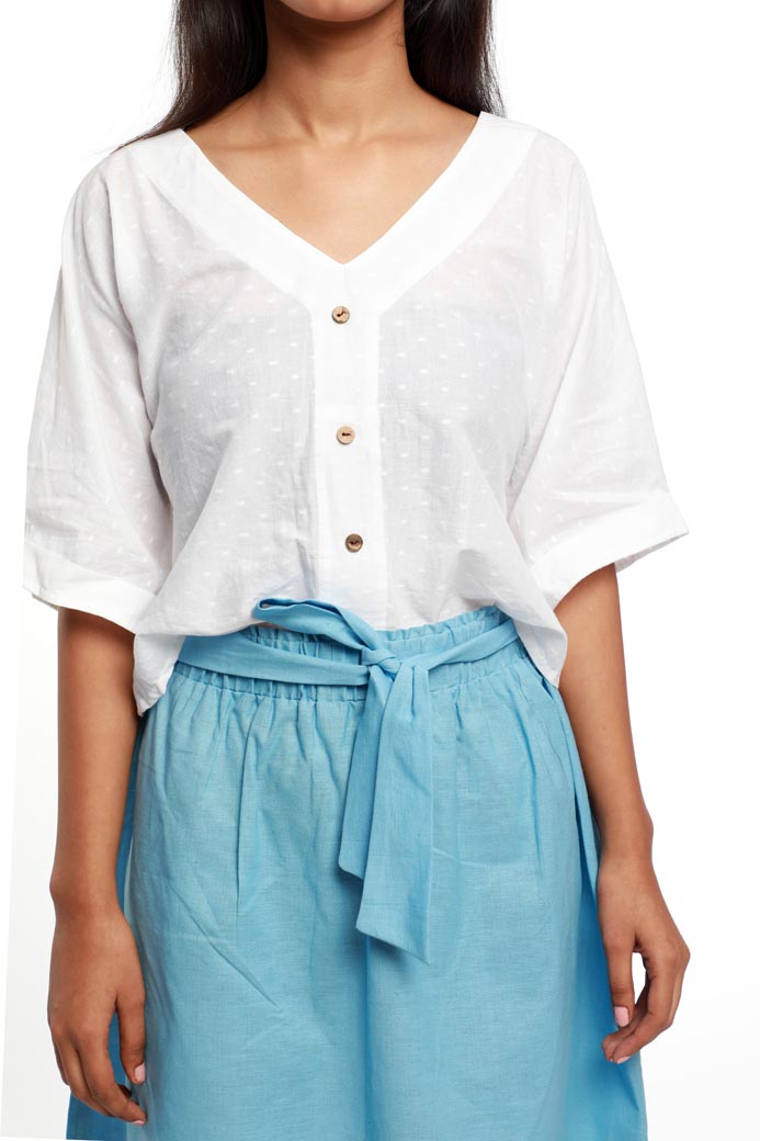 ELASTICATED WAIST POWDER BLUE LINEN SKIRT
