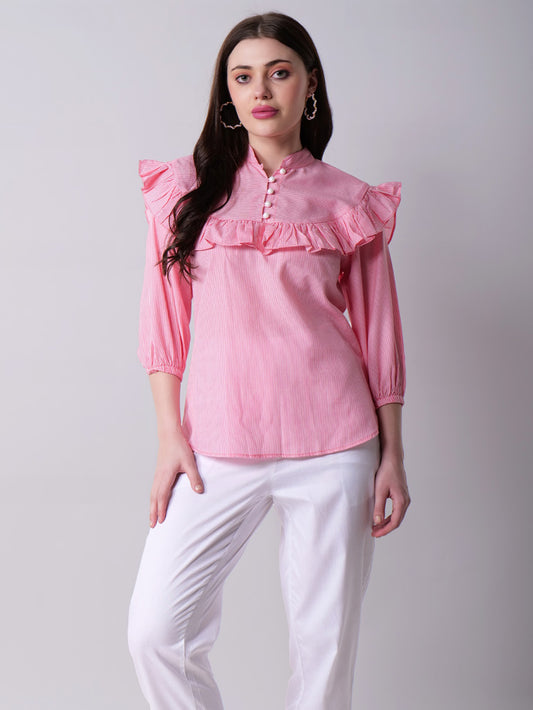Ruffled Collar Striped top