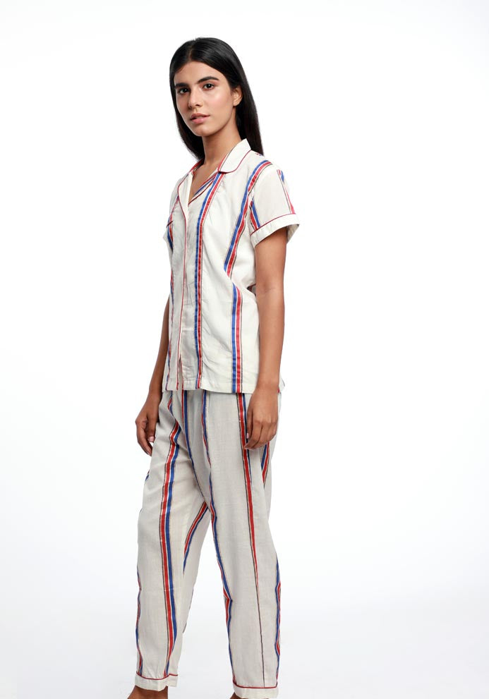STRIPED COLLAR NIGHT SUIT IN COTTON