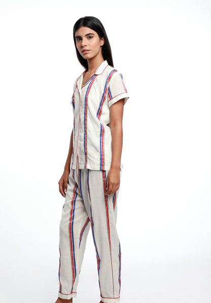 STRIPED COLLAR NIGHT SUIT IN COTTON
