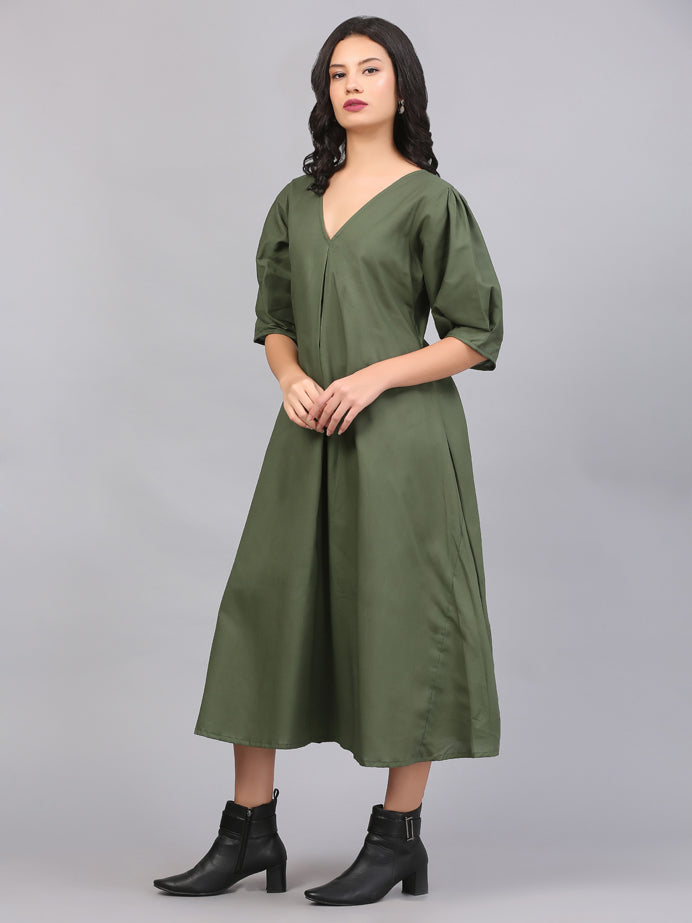 OLIVE GREEN BOX PLEAT DRESS