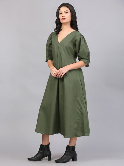OLIVE GREEN BOX PLEAT DRESS