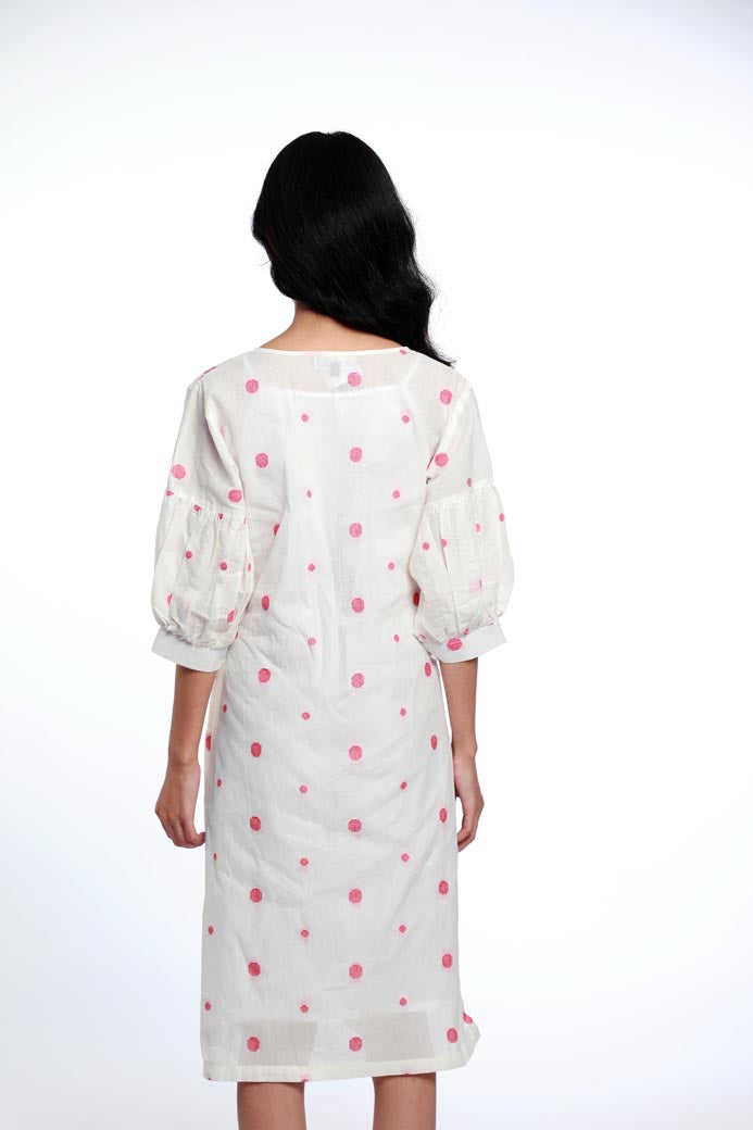 POLKA DOT HAND WOVEN COTTON, PUFFER SLEEVES DRESS