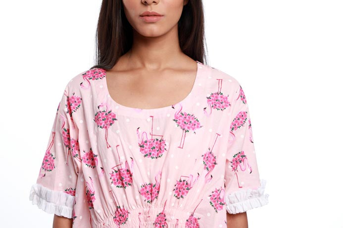 FLAMINGO CINCHED WAIST KAFTAN TOP. MADE IN COTTON