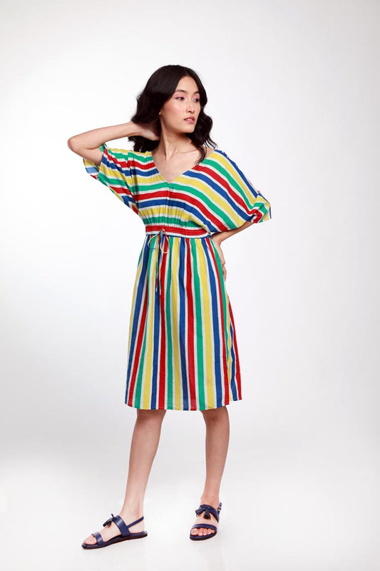 MULTI STRIPE CINCHED WAIST DROP SHOULDER DRESS