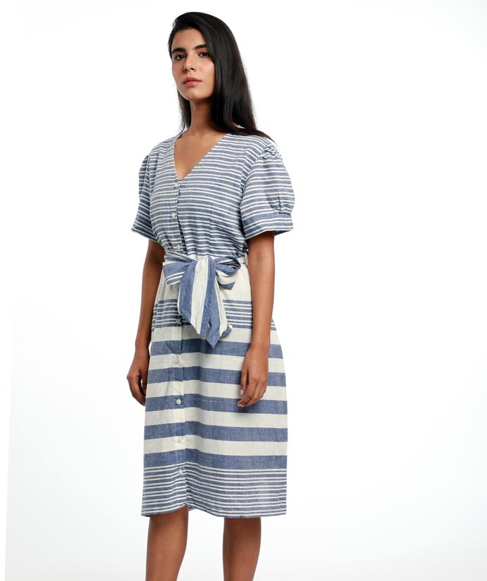 STRIPE BUTTON DOWN V-NECK DRESS. MADE IN SOFT ORGANIC COTTON