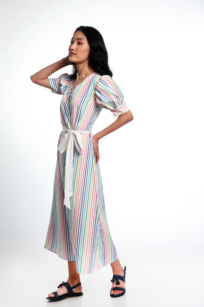 STRIPE OVERLAP TIE AROUND DRESS. MADE IN COTTON POPLIN