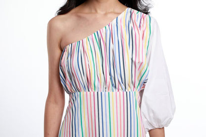 ONE SHOULDER RUFFLE HEM STRIPE DRESS