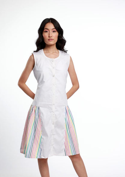 SLEEVELESS BUTTON DOWN COTTON DRESS WITH STRIPE PANEL