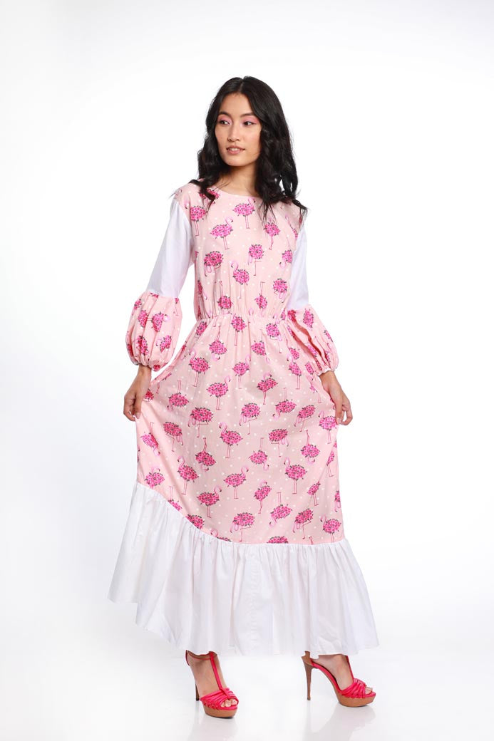 FLAMINGO PRINT TIER WHITE PANEL DRESS