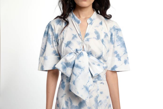 TIE & DYE PUSSY BOW TIER PANEL DRESS