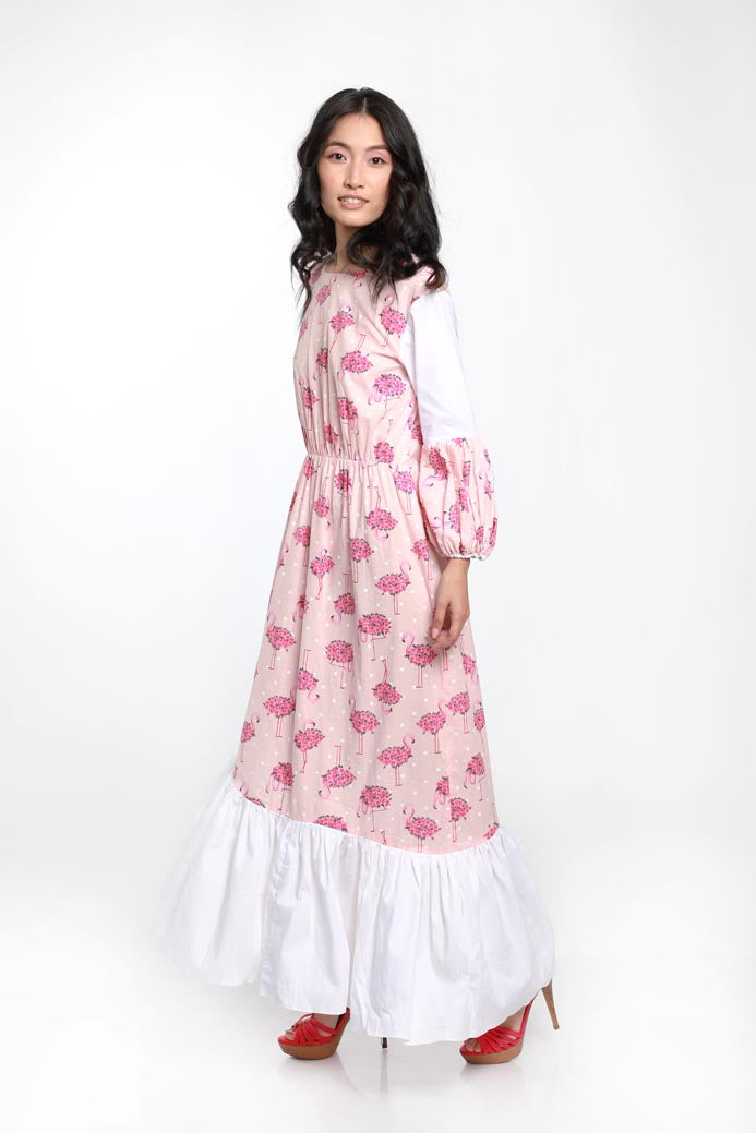 FLAMINGO PRINT TIER WHITE PANEL DRESS