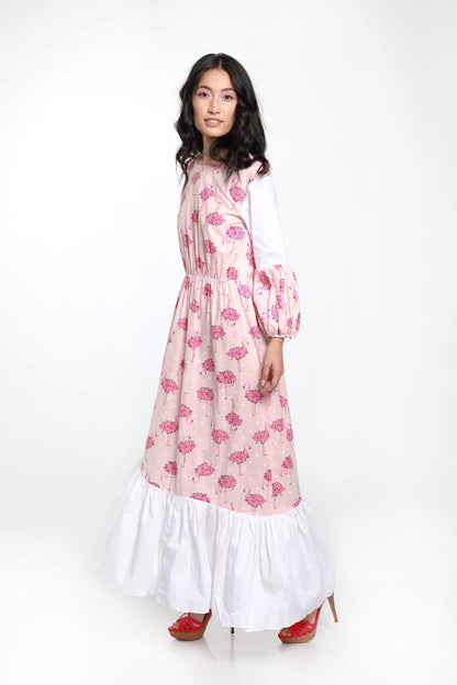 FLAMINGO PRINT TIER WHITE PANEL DRESS