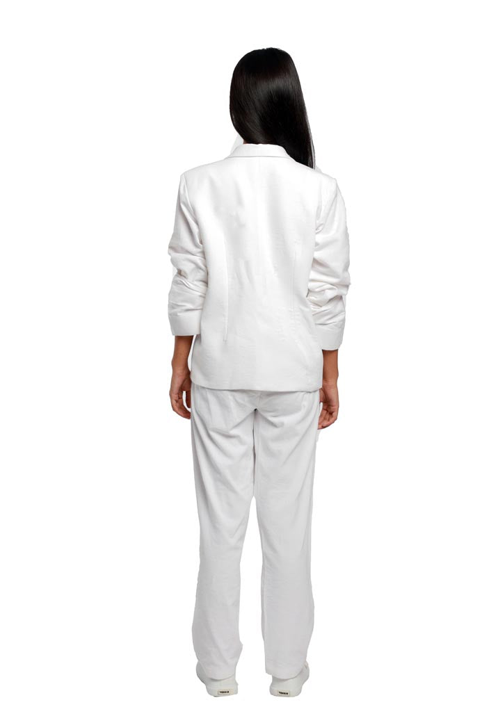 IVORY RUCHED SLEEVE LINEN BLAZER WITH LINEN PANTS